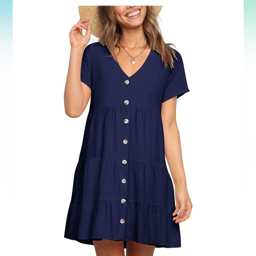 V-Neck Ruffled Button Down Navy Blue Shift Swing … - image 1